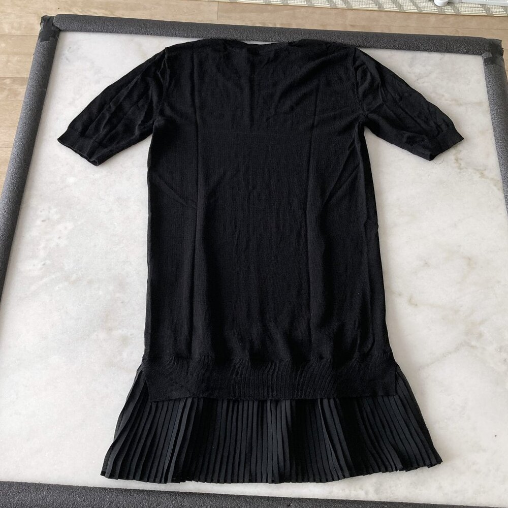 Sandro Paris black sweater dress, short sleeve, knit, pleated skirt, round neck